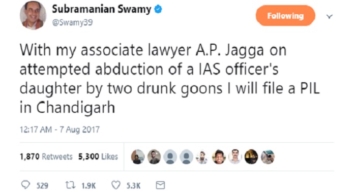 subramanian swamy बराला के पुत्र के मामले में सांसद सुब्रमण्यन स्वामी करेंगे पीआईएल
